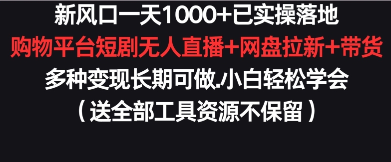 新风口一天1000+，已实操落地，购物平台短剧无人直播+网盘拉新+带货，多种变现长期可做